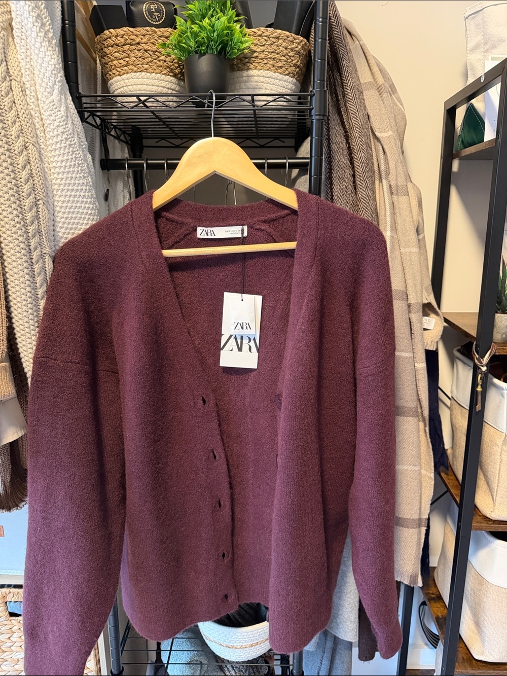 Zara Women's Plum/Maroon V-Neck Button Cardigan Sweater